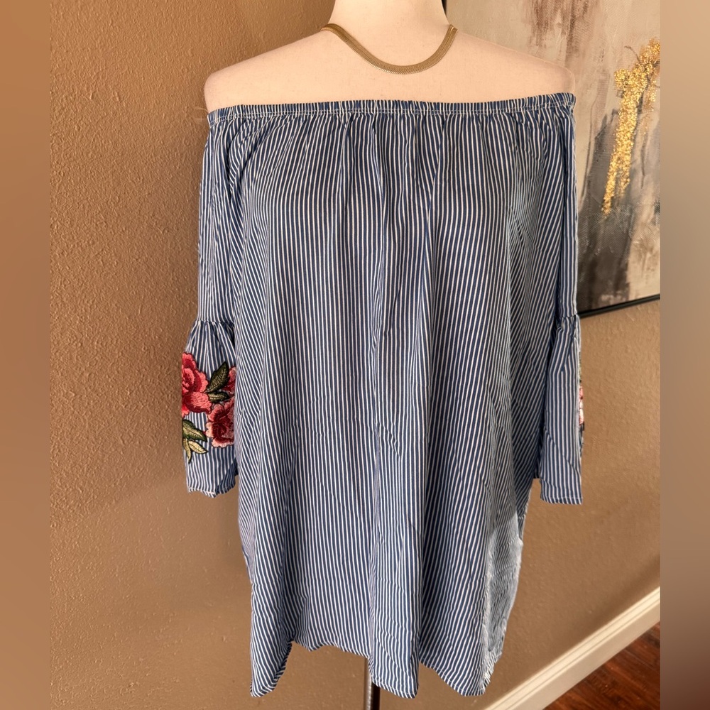 Annabelle Blue Striped Off-Shoulder Blouse with Floral Embroidery - Picture 3 of 7